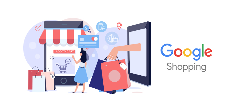 Scritta con il logo di Google Shopping alla cui sinistra appare una grafica rappresentante le differenti possibilità di vendere online attraverso le campagne di vendita offerte da Google Shopping